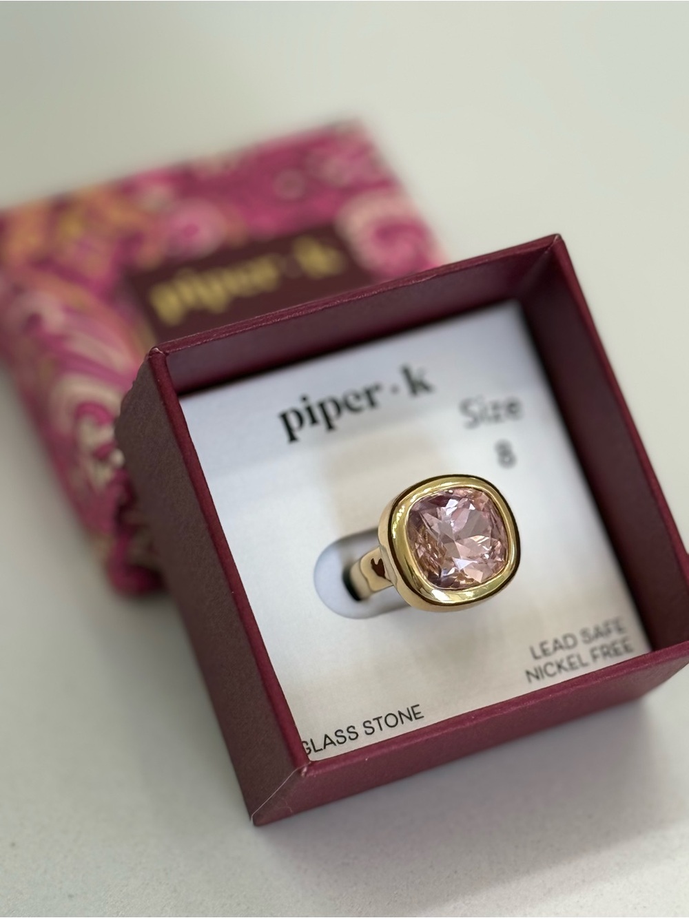 Piper Gold-Tone Ring with Blush Pink Cushion Stone 8 NIB